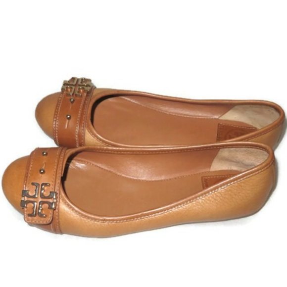 TORY BURCH SHOES FLATS Elina Ballet Flat Logo Camel Leather 7.5 - Picture 1 of 14